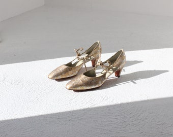 60s Roger Vivier for Saks Fifth Ave Gold Brocade Metallic Delicate Tie Up Cinderella D'Orsay Courtier Heels ~ Euro 37