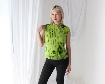 Top corto ajustado de cuello alto con cuello tipo cheongsam de malla estilo Y2K con terciopelo de seda y estampado floral.