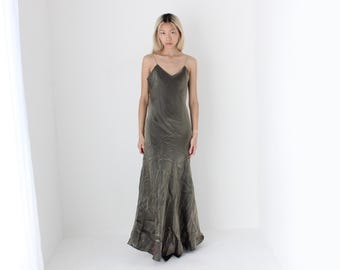 FUTURISM Y2K French Vintage Holographic Metallic Gold Iridescent Minimal Slip Spaghetti Strap Party Cocktail Dress / Floor Length Gown