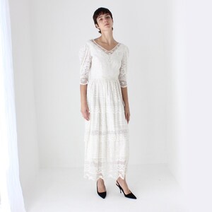 70s Cream Cotton Crochet Doily Sheer Lace Long Sleeve Wedding Dress