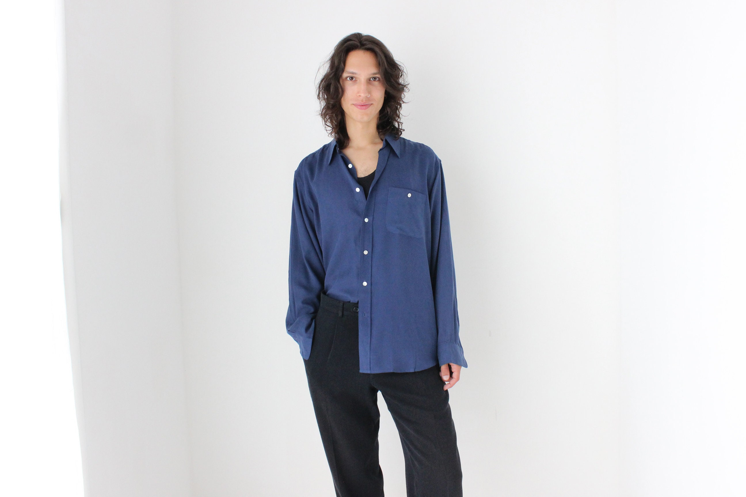 90s Pure Silk Navy Blue Textured Relaxed Button Up Unisex Oversized Shirt - Unworn Vintage Stock