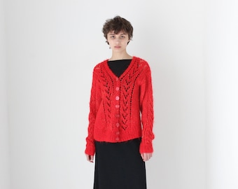 Cárdigan de punto a mano de mohair y lana de los años 80 con cuello en V y botones rojos.
