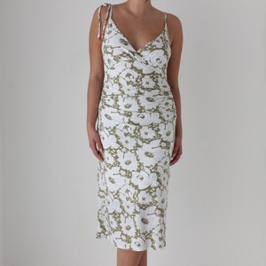 Y2K Slinky Pastel Floral Tie Strap Plunge Neck Dress