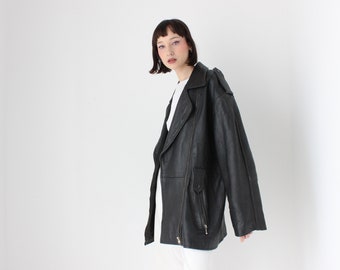 Oversized XXL 90s Boyfriend {Genuine Leather} Boxy Black Minimal Moto Jacket w/ Zip & Belt Loops