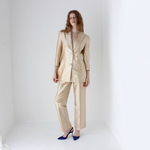 1980s Neiman Marcus Champagne Raw Silk Two Piece Bridal Wedding Tuxedo Pant Suit