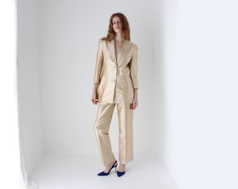 1980s Neiman Marcus Champagne Raw Silk Two Piece Bridal Wedding Tuxedo Pant Suit