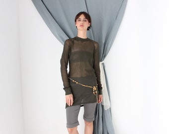 MADE IN ITALY 2000s Khaki Fishnet Mesh Minimal High Neck Stretch Fitted Long Sleeve Top