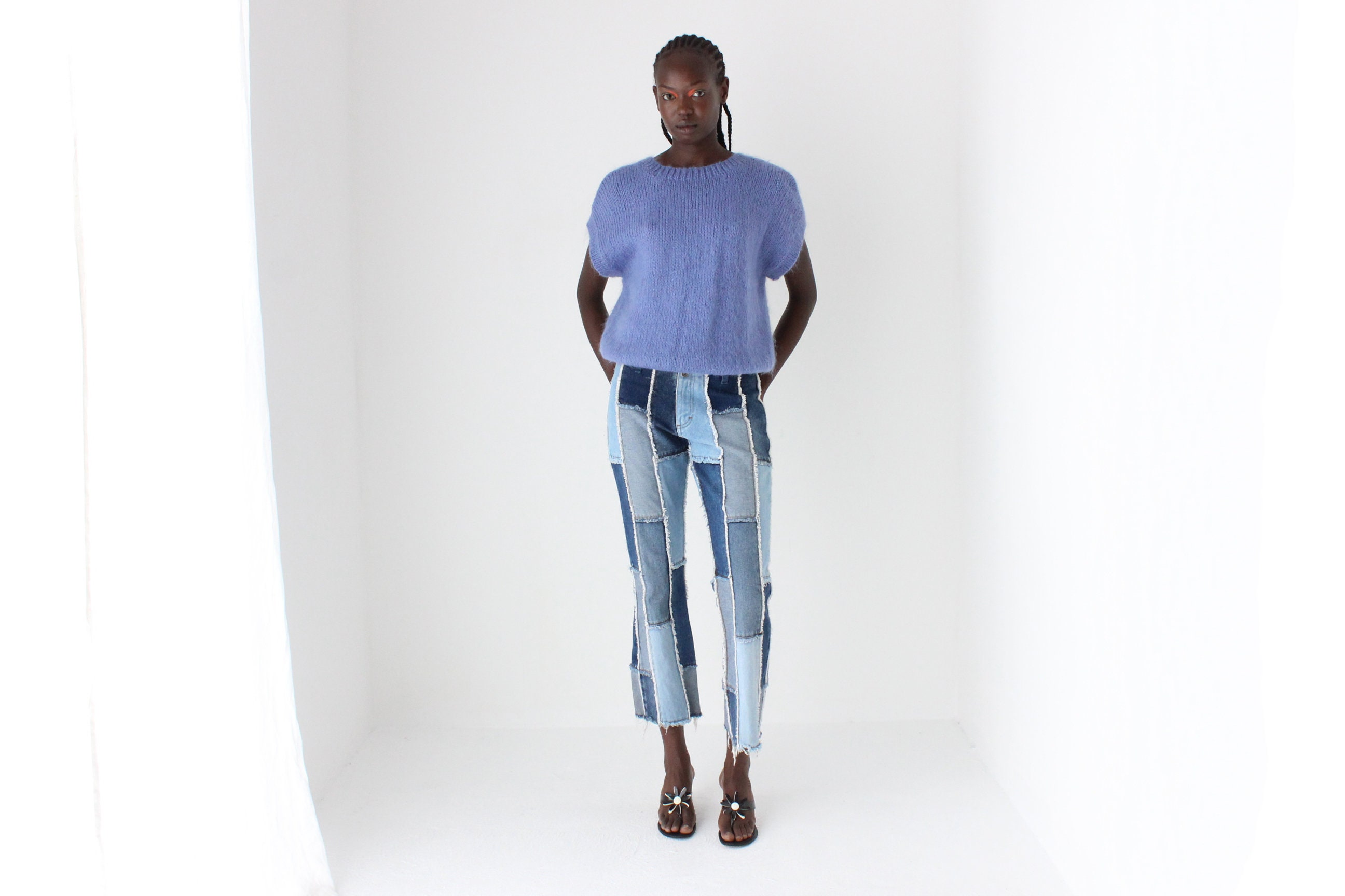 Y2K Frayed Denim Patchwork Texture Cropped Kick Flare Jeans by