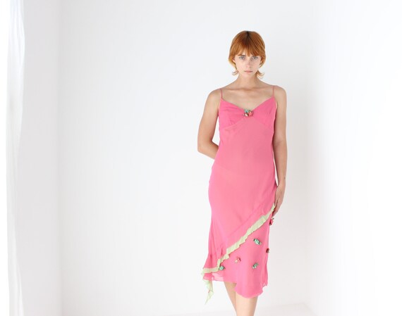 90s Breezy Bias Pink Spaghetti Strap Slip w/ 3D Ro