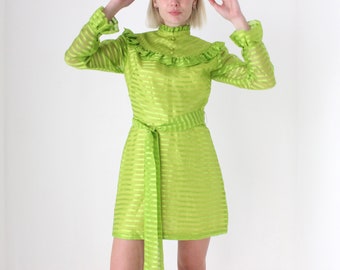 70s Lime Green Rayon Organza Striped Ruffle / Frill / Puff Mini Dress