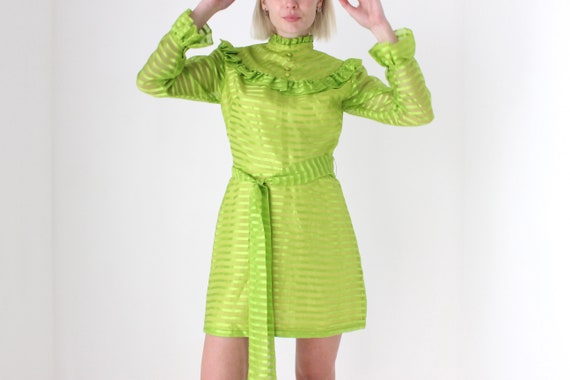70s Lime Green Rayon Organza Striped Ruffle / Frill / Puff Mini Dress - Etsy
