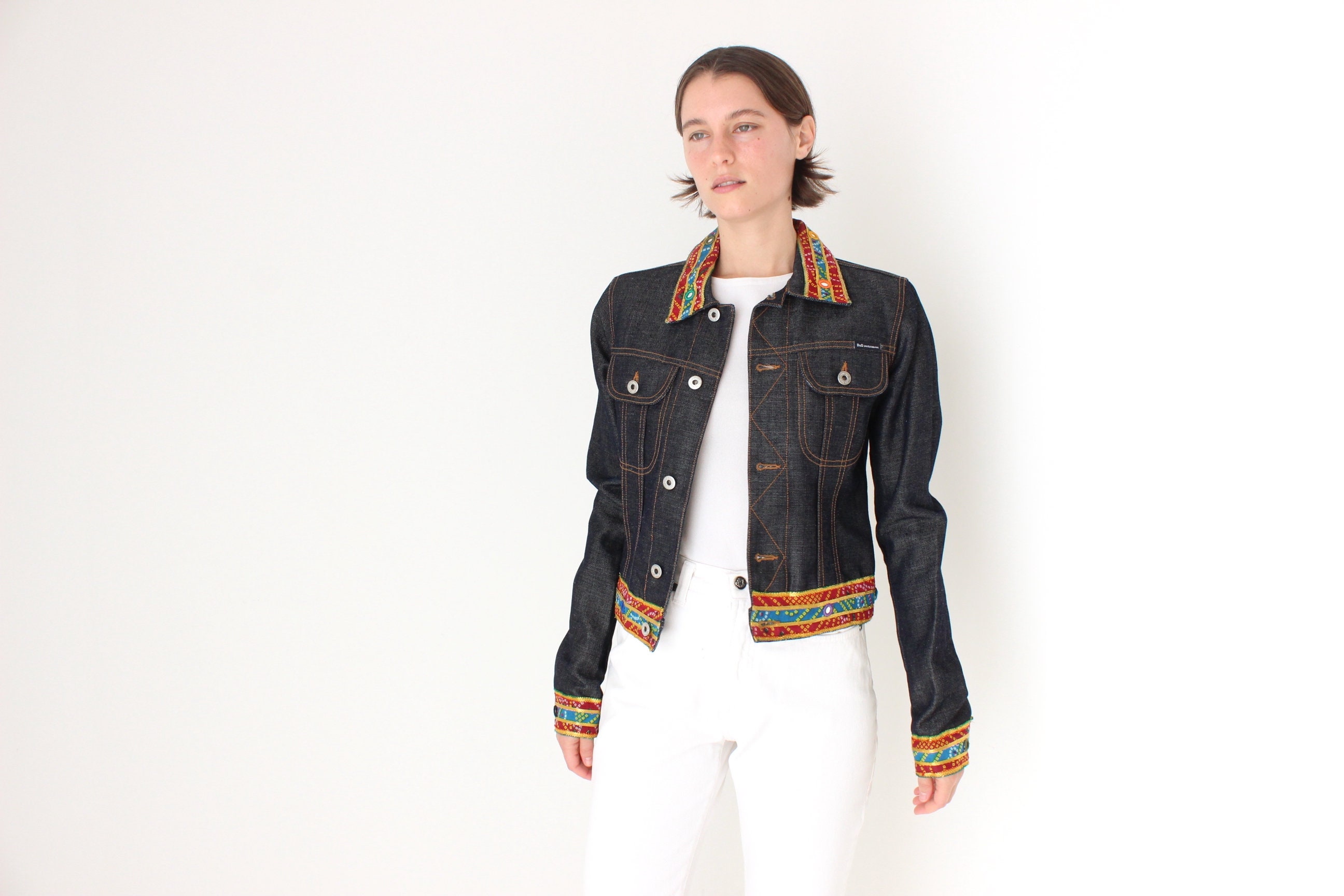 ジャケット・アウター D&G Lace Up Suede Trim Denim Jacket y2k Y2K DOLCE and GABBANA / D & G Darkwash Cropped Denim Jacket W