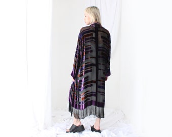 90s Luxury Silk Velvet Sheer Geometric Long Burnout Duster Kimono Robe w/ Fringe