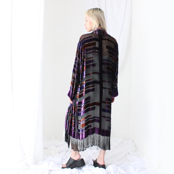 90s Luxury Silk Velvet Sheer Geometric Long Burnout Duster Kimono Robe w/ Fringe