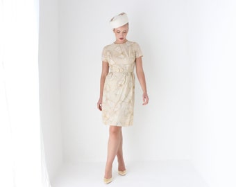 1950s Vintage Custom Made Neutral Print Fitted Cocktail Dress w/ Matching Pillbox Hat, Perfect for Elopement / Reception / Bridal Shower