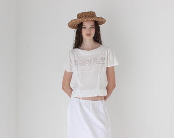 FRENCH COLLECTION Antique Vintage Broderie Anglaise Eyelet Cotton Lace White Tee Top