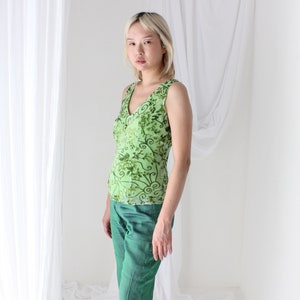 Y2K Silk Velvet Burnout Lime Green V Neck Bias Cut Sleeveless Tank Top