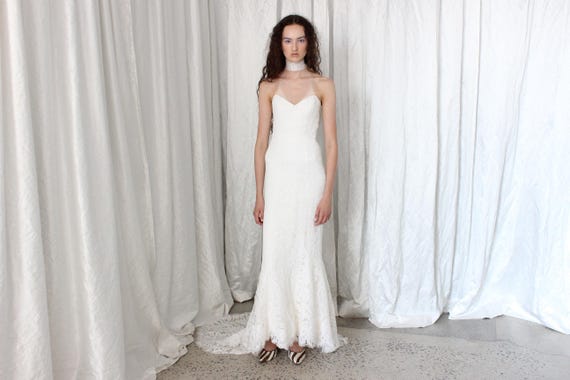 vintage 2000s wedding dress Anna Maier Bridal Couture Pure White Lace Strapless Mermaid Gown W/ Train y2k wedding dress