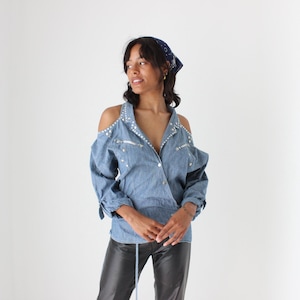 80s Chambray Denim & Cowgirl Studded Cold Shoulder Wrap Top