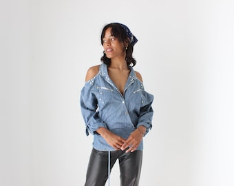 80s Chambray Denim & Cowgirl Studded Cold Shoulder Wrap Top