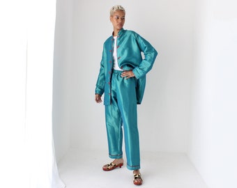 Amazing 80s Holographic Metallic Two Piece Chinese Lounge Pants & Jacket Suit Set