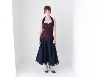 80s Navy Blue Lace Bustier / Halter Tulle & Taffeta Circle Skirt Party Dress