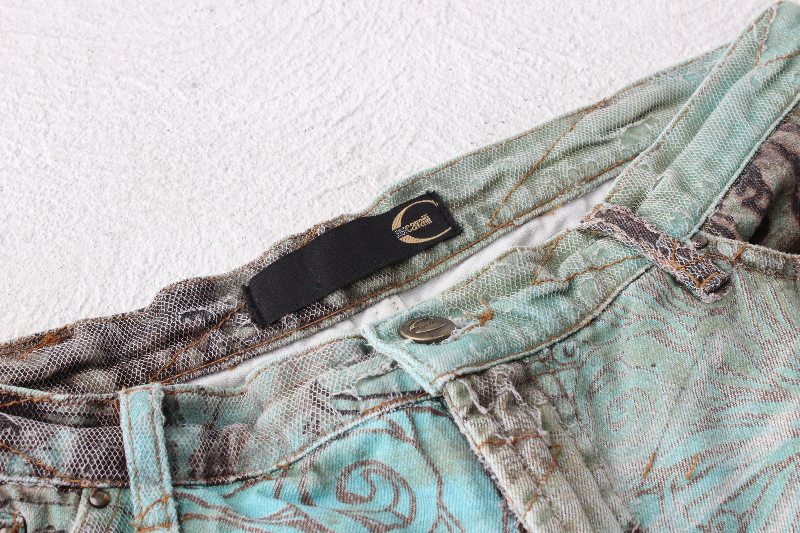 Y2K Just Cavalli Enchanted Fairy Print Distressed Tulle Cropped