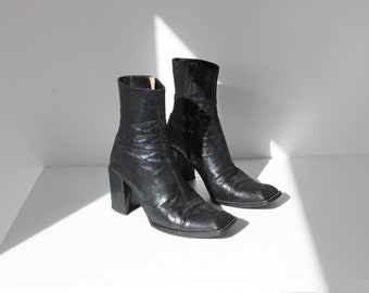 90s Michel Perry Holographic Metallic Leather Square Toe Boots w/ Chunky Block Heel ~ Euro 39 ~ Made in Italy