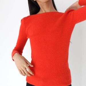 Y2K Angora Blend Bright Orange Ribbed Stretch Knit Crew Neck Fitted Sweater Top image 8