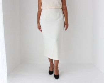 80s Ivory Crepe Minimal High Waist Pencil / Column Midi Skirt