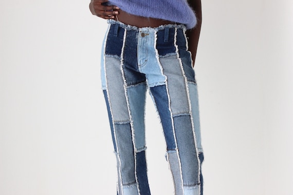 Y2K Frayed Denim Patchwork Texture Cropped Kick Flare Jeans by