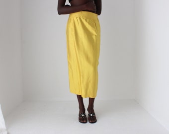 1980s Italian Vintage Shantung Silk High Waist Sunshine Yellow Column Midi Skirt