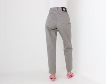 90s VERSACE Neutral Grey Minimal Straight Leg Skinny High Waist Mom Jeans w/ Medusa Badge
