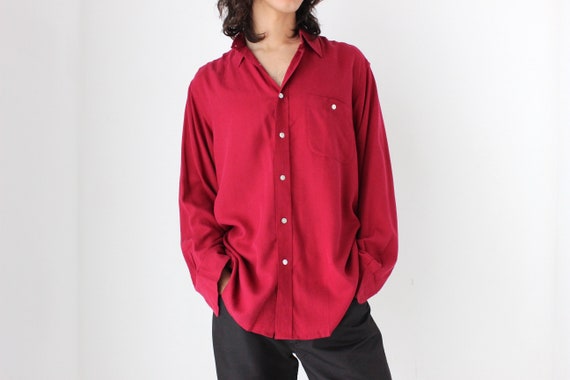 90s Pure Silk Burgundy Textured Relaxed Button Up… - image 8