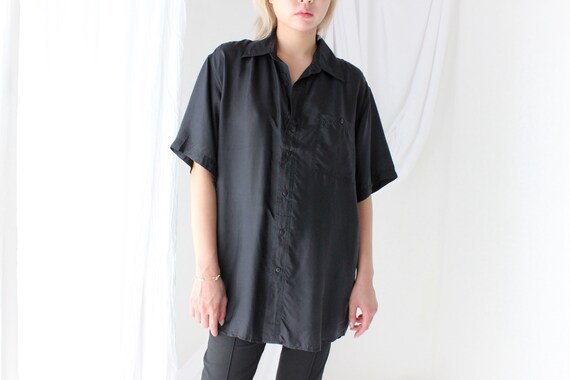 80s PURE SILK Ink Black Boxy Short Sleeve Button … - image 10