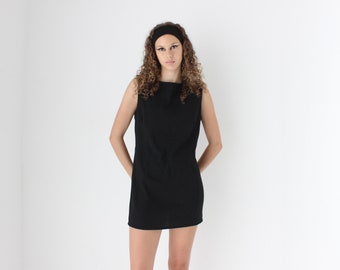 90s Simple & Chic Black Crepe High Bateau Neck Mini Shift Dress