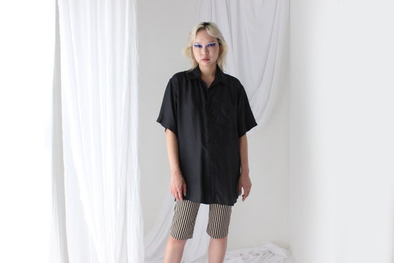 80s PURE SILK Ink Black Boxy Short Sleeve Button … - image 9