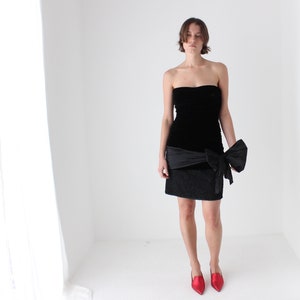80s Italian Vintage Ruched Velvet Strapless Cocktail Party Mini w/ Origami Taffeta Puff Bow