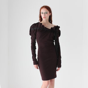 Collectible 90s Romeo Gigli Wool Blend Sculptural Origami Ruffle Deep Purple Dress