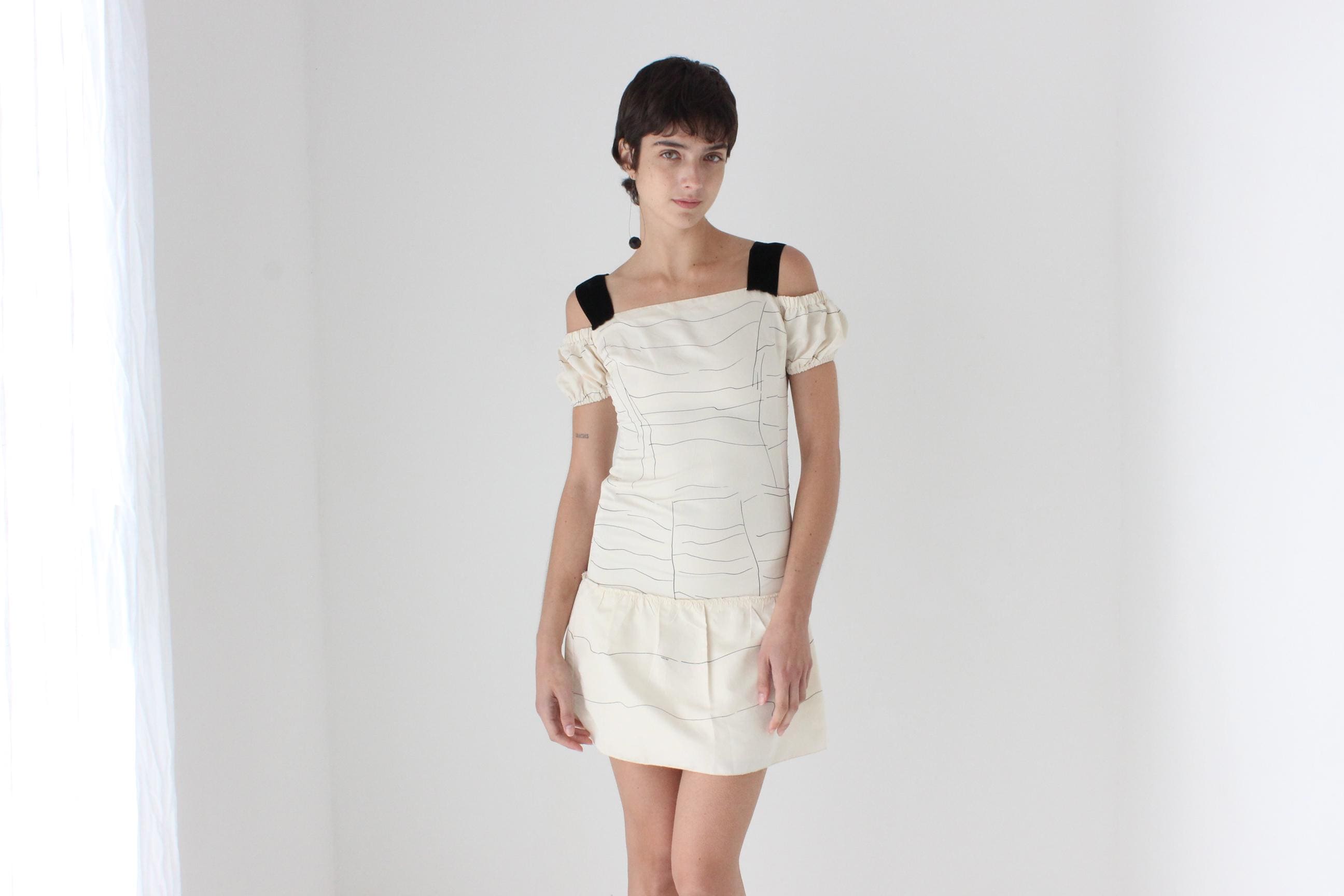 prada off the shoulder dress PRADA SS 2006 Vintage Cream Silk Taffeta off Shoulder Dropwaist Puff Bridal  Cocktail Dress