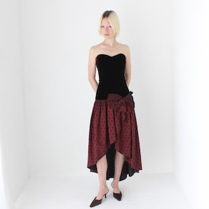 80s Strapless Velvet Bustier & Polkadot Taffeta Party Dress
