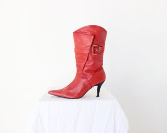 Y2K Genuine Leather Sassy Cowgirl Western Pointed Toe Mid Calf Boots w/ Buckle & Stiletto Heel - Euro 40.5 / Au 9.5 / Uk 7.5 / Us 10.5