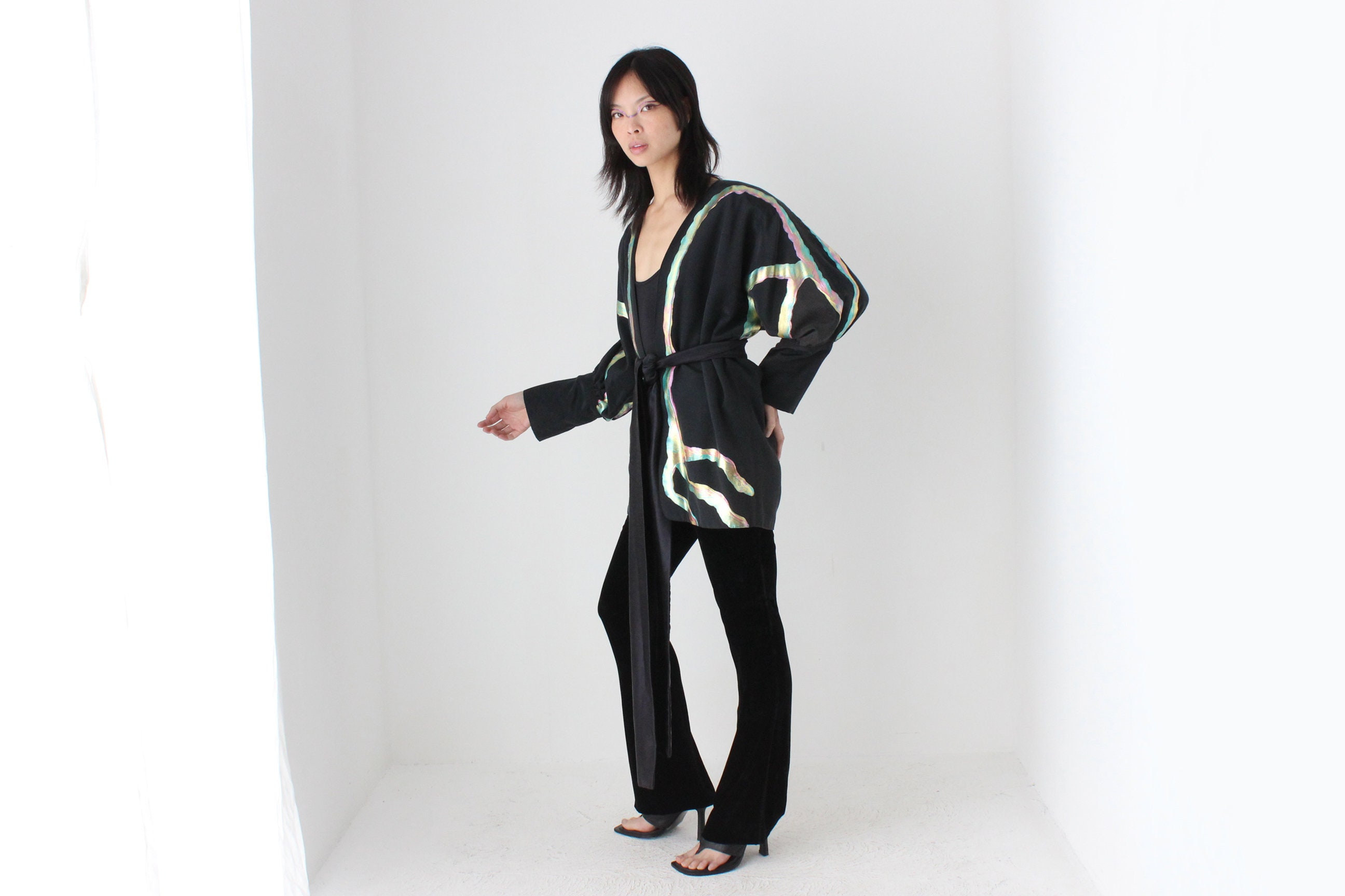 2000s John Galliano Black Velvet Kick Flare Trousers W/ Silver