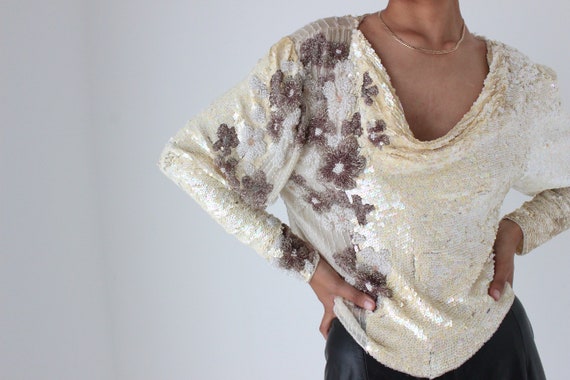 80s Intricately Hand Beaded Heavily Sequinned Cre… - image 9