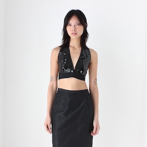 80s Sequin Plunge Neck Tie Up Halter Crop Top