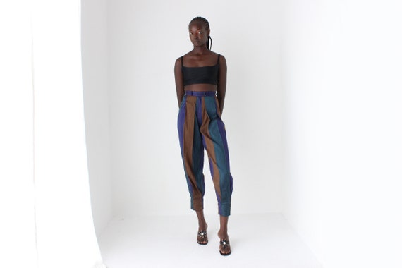 80s KENZO Paris Raw Silk Striped Balloon Leg High… - image 4