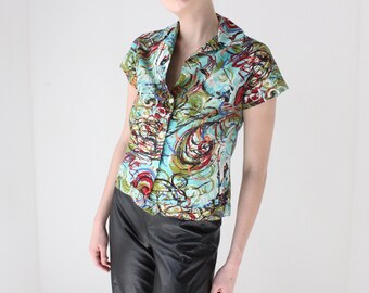 80s Painterly Abstract Jackson Pollock Paint Spatter Boxy Short Sleeve Cotton Button Up Shirt