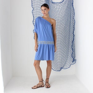 MADE IN GREECE Vintage Y2K Jersey One Shoulder Mini Kleid mit Griechisches Schlüssel Motiv