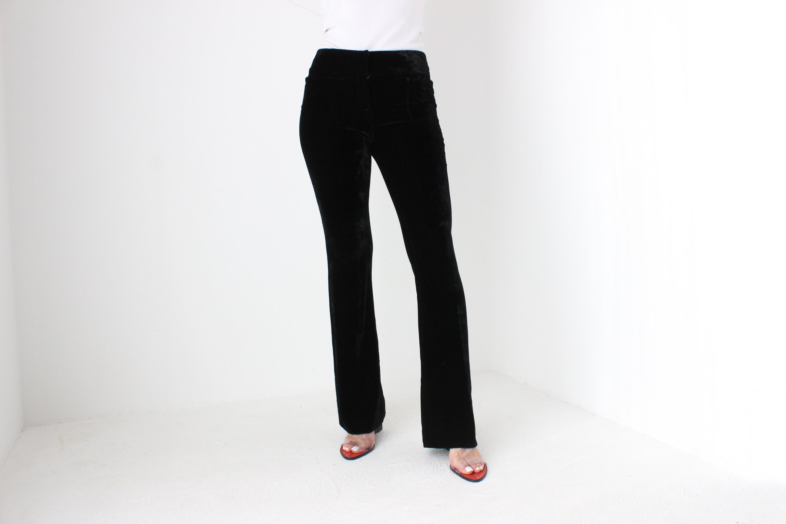 パンツ John Galliano Velvet Slacks Black 2000s John Galliano Black Velvet Kick Flare Trousers W/ Silver