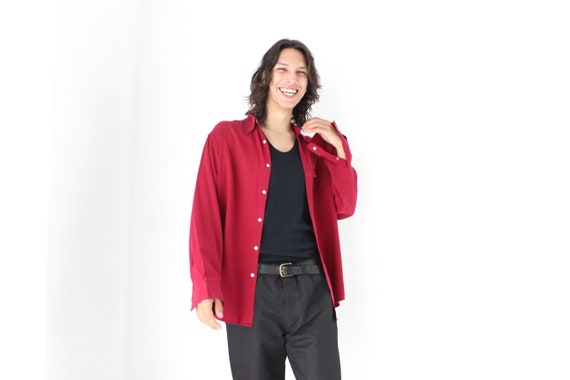 90s Pure Silk Burgundy Textured Relaxed Button Up… - image 7